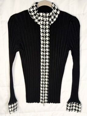 Vintage 90s Belldini Black Ribbed Zip Cardigan with Houndstooth Trim